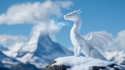 A snow dragon with shimmering, icy scales and wings made of frost, standing proudly on a mountain peak, exhaling a cloud of mist into the cold air 