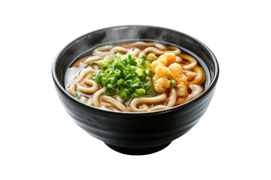 Steaming udon noodles with green onions and tempura in savory broth on a transparent background