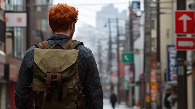 Red-Haired Traveler with Backpack Exploring Urban Cityscape
