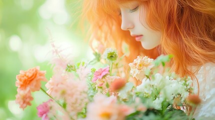 Naklejka premium Serene Red-Haired Woman Enjoying Aromatic Spring Flowers in Nature