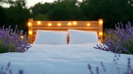Fototapeta premium Bed with soft white linens surrounded by glowing fairy lights and lavender sprigs, creating a calm and serene environment for World Sleep Day 