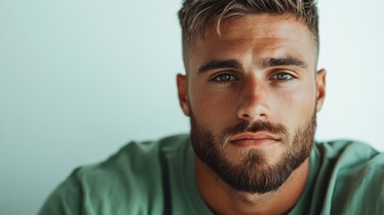 Fototapeta premium This image is a portrait of a man with blue eyes, set against a soft, blurred background, creating a mood of calm contemplation and modern style.