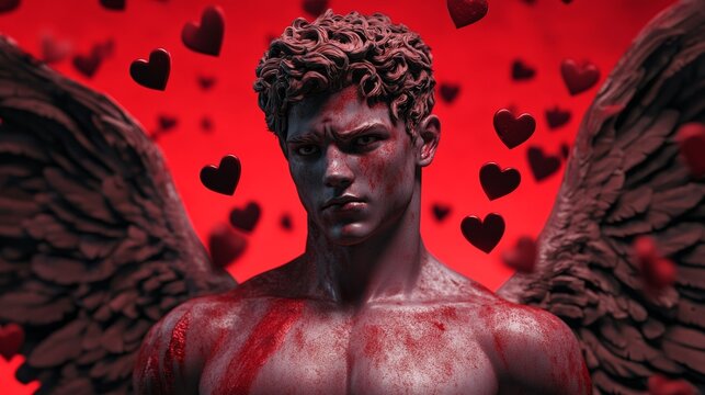 Cupid with an evil grin, sending heart-shaped arrows flying through the air, creating chaos as people fall for the wrong person, his wings ruffled and chaotic 