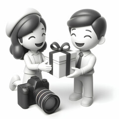 Obraz premium 3D Icon of Candid Gift Exchange: Smiling People Exchanging Gifts on White Background - Joyful Moment Captured for Gift Sales Promotion