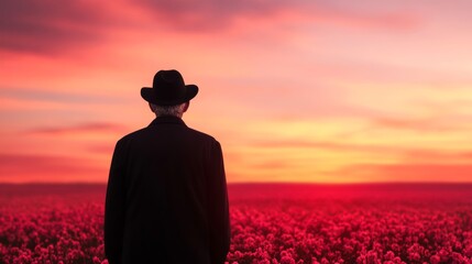Enabled person with a walking cane admiring a spring sunset over a field of flowers, enjoying the beauty and calm of the season 