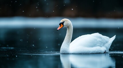 Fototapeta premium Graceful snow swan with ice feathers, gliding across a frozen pond, its reflection shimmering beneath it as snow gently falls all around 