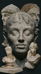 Obraz premium Collage with many plaster antique sculpture of human face in a surreal art style. Modern creative concept image with ancient statue head. Contemporary art poster. Funky surrealism. Zine culture.