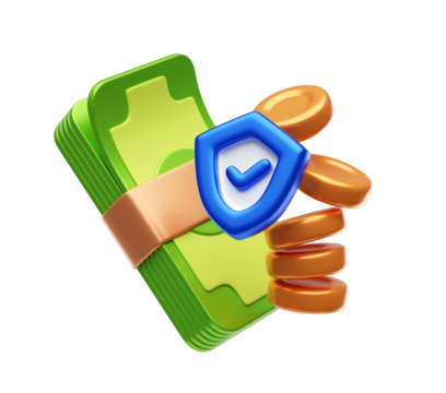 Money stack with a shield icon 3d illustration background