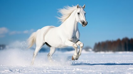 Majestic snow horse galloping through an open field, its snow-sculpted mane flowing in the wind, kicking up sparkling snowflakes with every step 