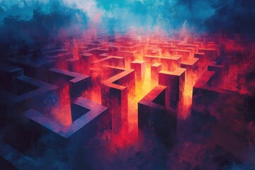 A Burning Maze of Stone Walls and Crimson Flames