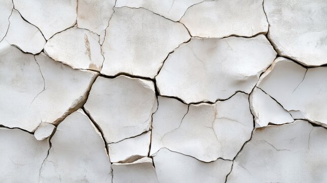 Close-up view of cracked and peeling white paint on a wall surface creating an abstract texture.