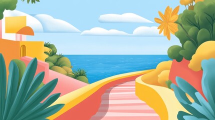 Coastal Road with Vibrant Nature and Ocean View Illustration