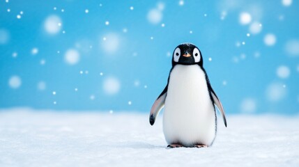 Obraz premium Playful snow penguin with a smooth, round body, sliding down a snowbank, leaving a glittering trail behind it as snowflakes fall gently from the sky 