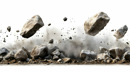 Flying rocks and dust create a dramatic explosion effect.