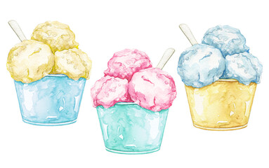 Set with three various multicolor ice cream in cup with spoon isolated on white background. Watercolor hand drawn illustration