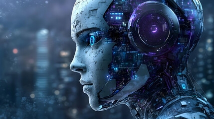 Futuristic robotic head with intricate circuitry and glowing elements.