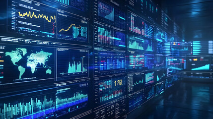 High-tech data visualization display with financial metrics and graphs.