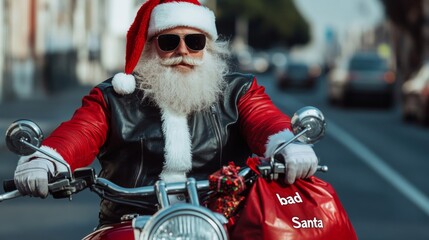 Fototapeta premium Santa wearing sunglasses and a leather jacket over his red suit, sitting on a motorcycle with a bag of gifts slung over his shoulder, embodying a rebellious bad Santa 