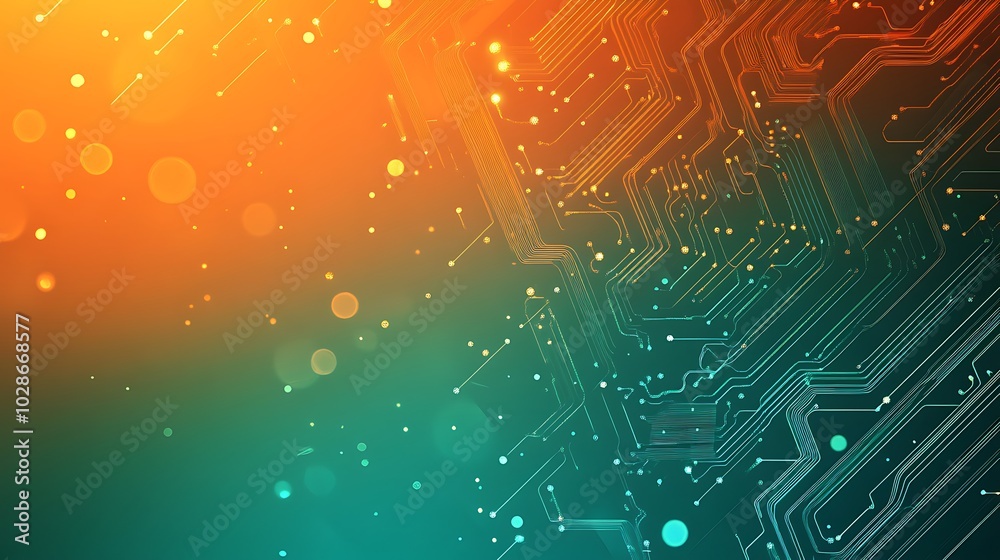 Poster abstract circuit board with orange and green bokeh lights.
