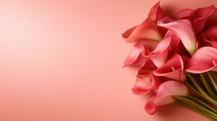This image captures a collection of pink calla lilies beautifully arranged and spread out over a soft pink surface, highlighting their graceful curves and colors.