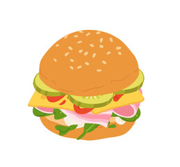 Sandwiches with Various Ingredients. Vector cartoon illustration of sub, sandwich, bagel, toast and burger with meat, cheese and vegetables.