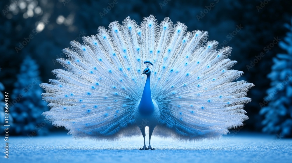 Poster Snowy peacock with a wide fan of ice-crystal feathers, standing elegantly in a winter garden, its shimmering form glowing in the soft moonlight 