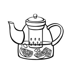 Teapot with citrus drink, tea line, outline