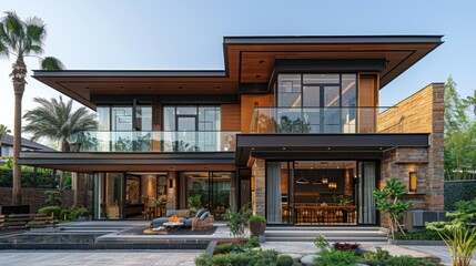 Fototapeta premium Modern architectural marvel with wooden accents and lush greenery under a clear blue sky at sunset. Generative AI