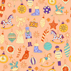 Balls, bubbles, nutcrackers, toys.
Christmas holiday New Year and Easter seamless pattern illustration with Christmas tree decorations.