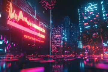 Fototapeta premium Neon cityscape with data visualizations.