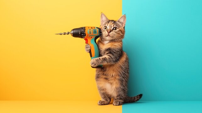 Funny cat standing holding a power drill against a colorful yellow and blue split background, showing playful and imaginative concept