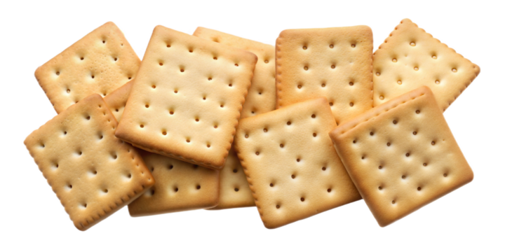 Flat lay with cracker biscuits isolated on white background, png format
