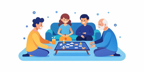 Multigenerational Joy: A Young Couple and Their Grandparents Playing Board Games in a Cozy Living Room - Captivating Image of Family Fun and Togetherness in a Comfortable Home