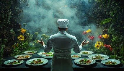 Rear view of a chef in a whimsical forest, surreal dishes blooming like flowers, fantastical colors dance on the plates, enchanting atmosphere