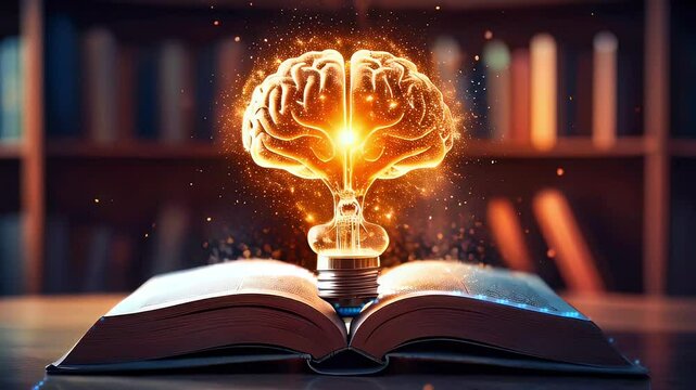 A glowing brain shaped light bulb appears from an open book, symbolizing knowledge and new ideas.