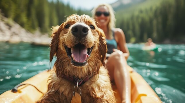 A joyful dog with its owner, a smiling woman, paddling on a kayak through clear blue waters with a backdrop of scenic forests and mountains all around them.