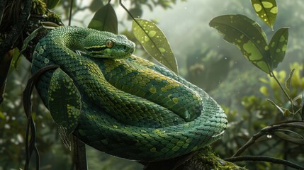 Fototapeta premium A Green Snake Coiled on a Branch in a Lush Forest