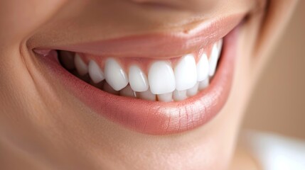 Fototapeta premium Close-up of a woman's smile showcasing bright white teeth and pink lips.