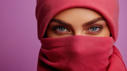An intriguing portrait focusing on captivating blue eyes, partially covered by a pink scarf, creating a sense of mystery and individuality against a purple backdrop.