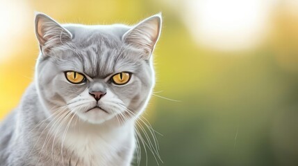 Obraz premium Close-up of a serious gray cat with striking yellow eyes, soft background.