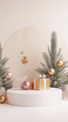 Festive product podium on white and gold background, Christmas tree golden balls, decorations. Generative AI