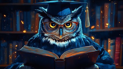 A wise owl wearing a graduation cap and glasses reads a book in a library setting.