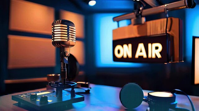 Close-up of a vintage microphone in a radio studio with "On Air" sign.