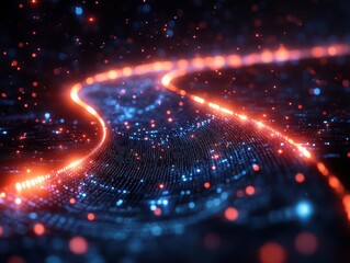 Obraz premium flowing lines of digital data stream across a dark background, creating a mesmerizing visual of interconnected information, symbolizing the essence of modern technological advancements