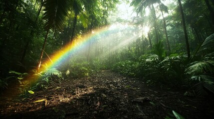 An enchanting forest scene where a radiant rainbow breaks through the lush canopy, illuminating the rich, natural beauty and peace of a serene woodland environment.