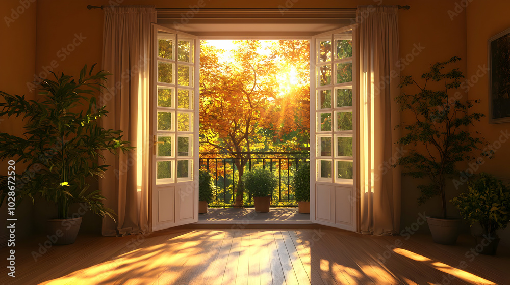 Wall mural A sunlit room with open windows showcasing a vibrant outdoor view.