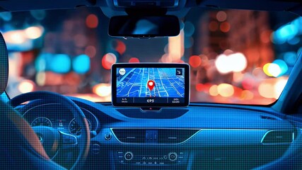 Interior of a car with a GPS navigation system displaying a map of a city at night. - Powered by Adobe