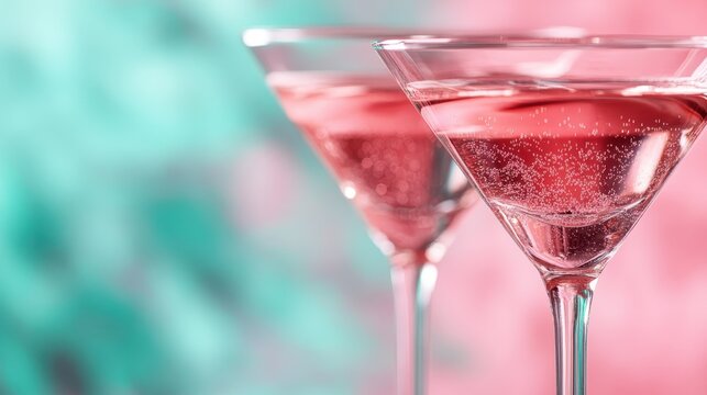 Refreshing pink cocktails with a touch of class served in sleek martini glasses, highlighting sparkling effervescence and elegance against a colorful background.