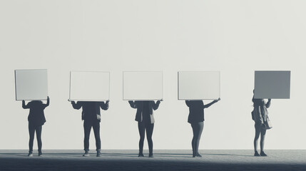 Fototapeta premium A minimalist protest scene where individuals hold simple, monochromatic signs advocating for climate action, set against a clean, neutral backdrop that highlights their messages effectively