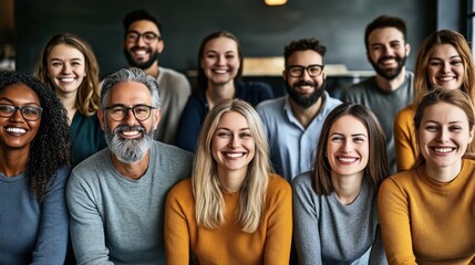 A diverse group of ten smiling individuals, both men and women, of various ages, sitting closely together in a casual indoor setting. They appear happy and friendly, showcasing a sense of camaraderie.